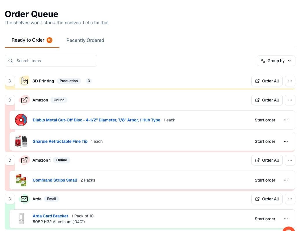 The Arda Order Queue grouping requests by supplier and ordering method.
